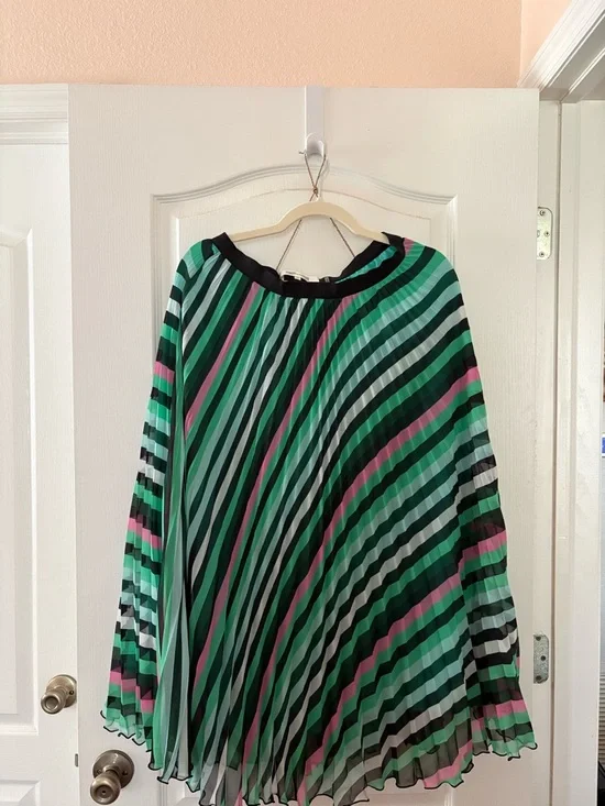 Striped Pleated Skirt in Green, Pink & Black - Picture 1 of 2